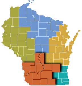 Map of Wisconsin with the 14 counties that are served by the Children's Resource Center South highlighted