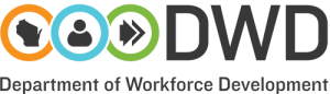 Black icon of Wisconsin in an orange circle; black icon of a person in a blue circle; two arrows icon in a green circle. Logo of the Department of Workforce Development